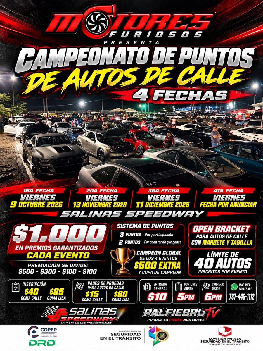 Campeonato de Puntos de Autos de Calle: viernes 9 de octubre, 13 de noviembre y 11 de diciembre en Salinas Speedway