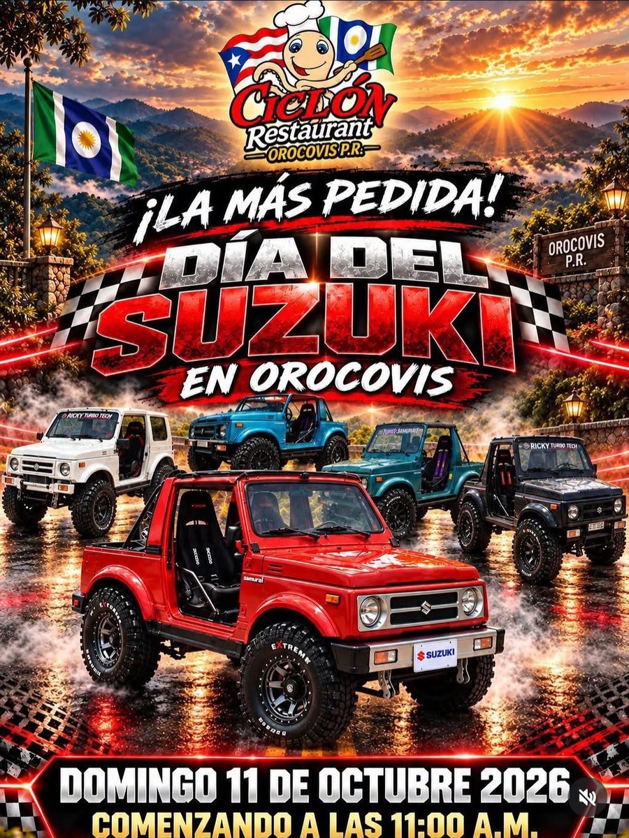 Día del Suzuki en Orocovis: domingo 11 de octubre en Ciclón Restaurant