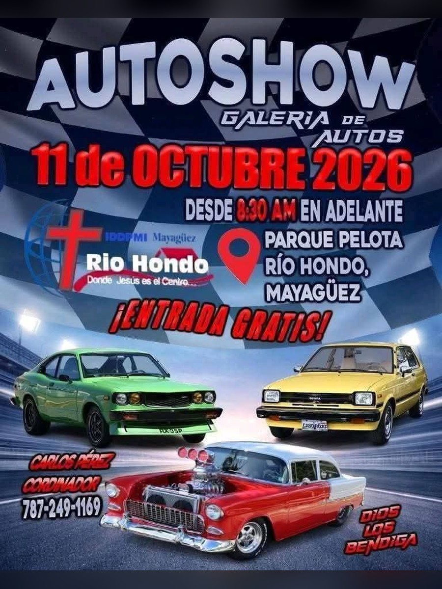 Autoshow Galería de Autos: domingo 11 de octubre en Parque de Pelota Río Hondo, Mayagüez flyer evento racing Puerto Rico