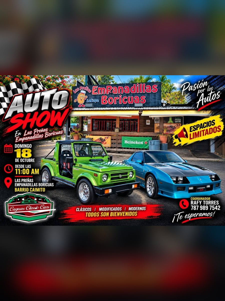 Auto Show en Las Preñas Empanadillas Boricuas: domingo 18 de octubre en Barrio Caimito flyer evento racing Puerto Rico