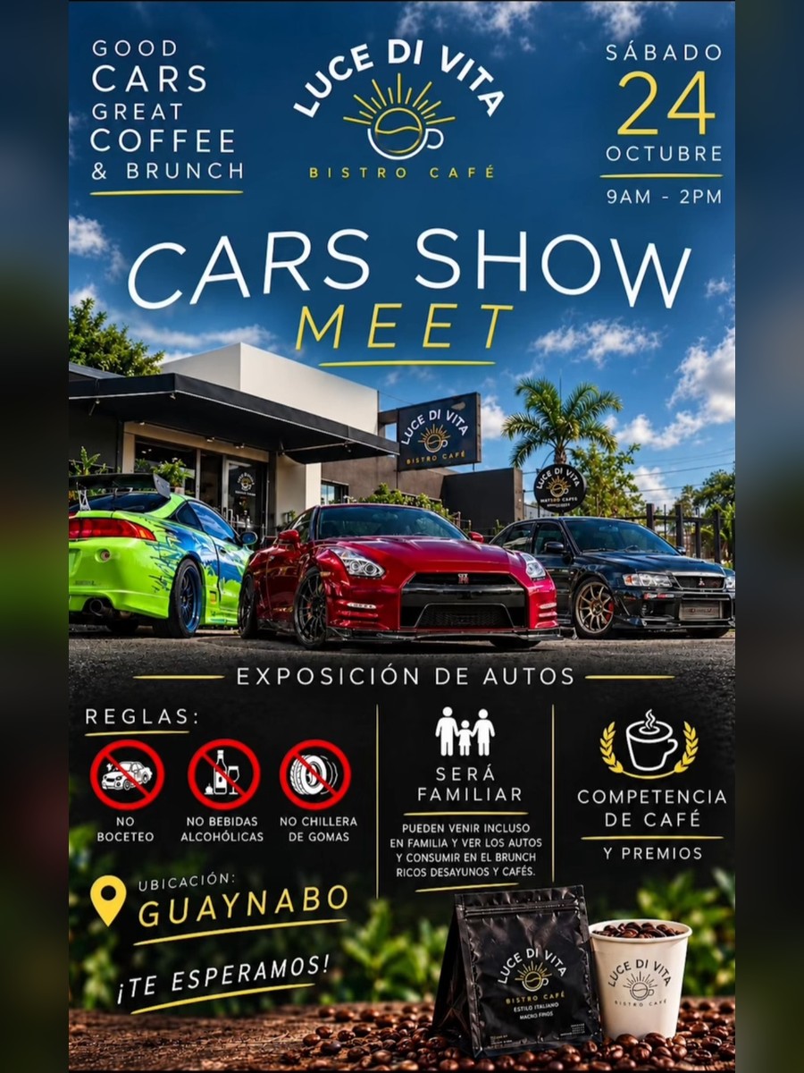 Cars Show Meet en Luce Di Vita: sábado 24 de octubre en Luce Di Vita Bistro Café, Guaynabo flyer evento racing Puerto Rico