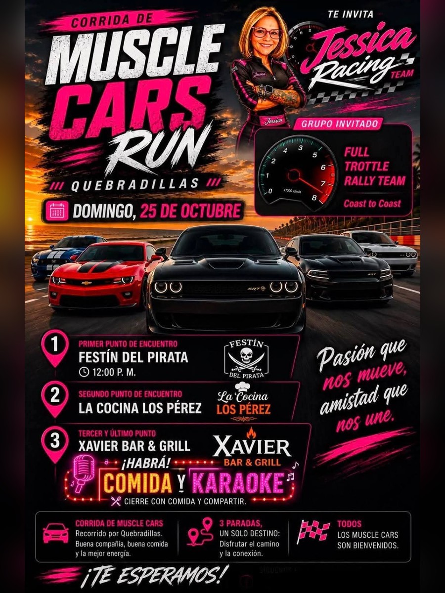 Muscle Cars Run: domingo 25 de octubre desde Festín del Pirata, Quebradillas flyer evento racing Puerto Rico