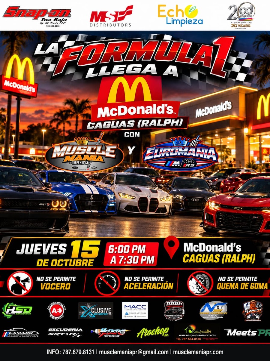 La Fórmula 1 llega a McDonald's Caguas: jueves 15 de octubre en McDonald's Ralph, Caguas flyer evento racing Puerto Rico