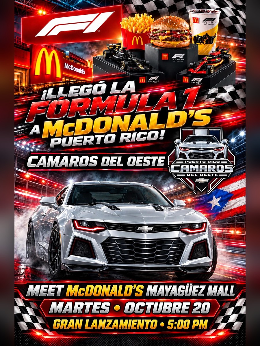 Fórmula 1 en McDonald's Mayagüez Mall: martes 20 de octubre en Mayagüez flyer evento racing Puerto Rico