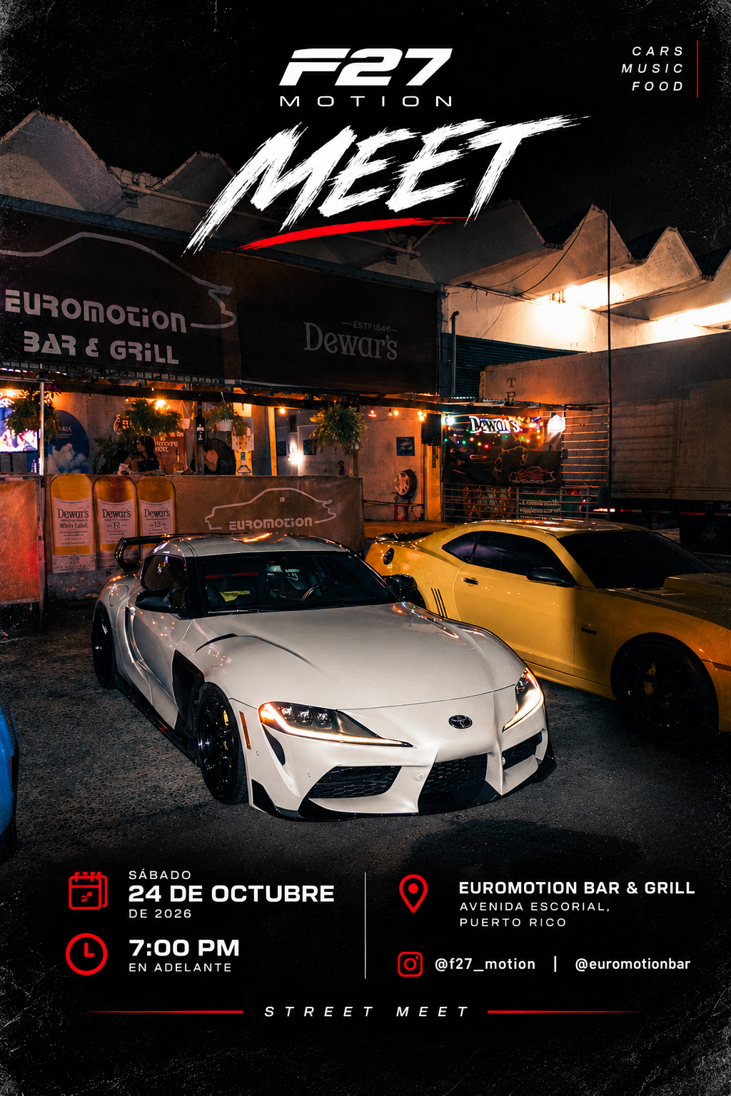F27 Motion Meet: sábado 24 de octubre en Euromotion Bar & Grill, Guaynabo flyer evento racing Puerto Rico