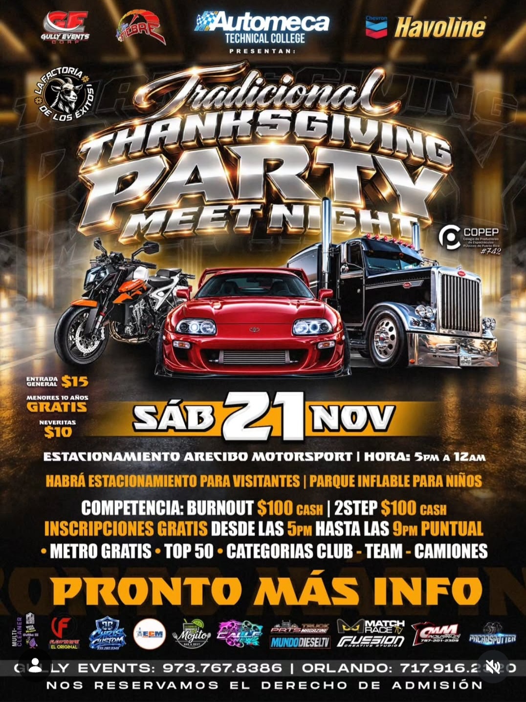 Tradicional Thanksgiving Party Meet Night: sábado 21 de noviembre en Arecibo Motorsports